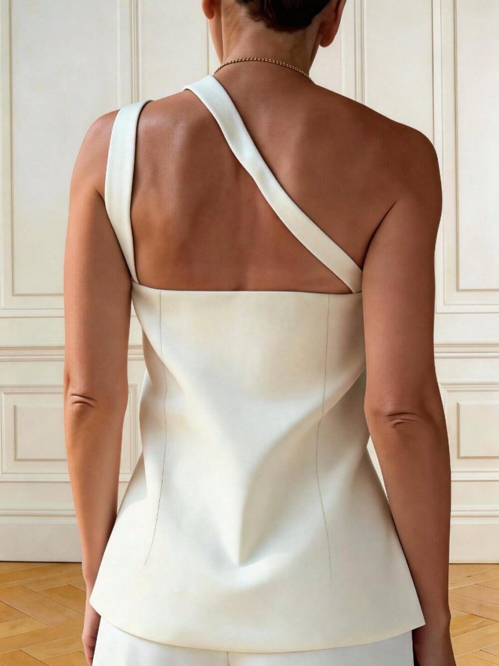 White Casual Women's Minimalist Button Front Button Oblique Shoulder Vest Top - Picture 3 of 8